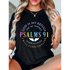 Women's Black T-Shirt With Colorful Religious Psalm 91 Text & White Wings Graphic, Christian Faith Casual Tee For Church, Daily Wear