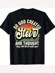 Men's So God Created Steve Humorous Graphic T-Shirt - Retro Tee with Bold Retro Stripes & Geometric Print, Round Neck Short Sleeve Casual Shirt