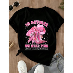 Casual Women Graphic Tee Shirt October We Wear Pink Breast Cancer Awareness Cowboy Boots Hat Print Top For Daily Wear Support
