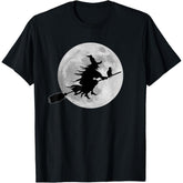 Flying Witch On Broomstick Halloween Full Moon Black Cat T-Shirt