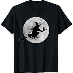 Flying Witch On Broomstick Halloween Full Moon Black Cat T-Shirt