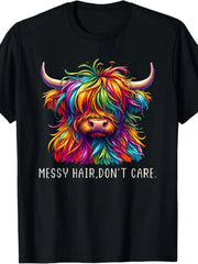 Unisex Retro Graphic T-Shirt -Messy Hair Don't Care Retro Highland Cow Graphic Tee for Men Women, Cute Scottish Cattle Short Sleeve T-Shirt, Casual Crew Neck Top for Cow Lover Gift
