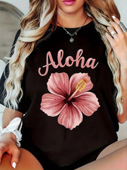 floral-print T-shirt featuring "ALOHA" lettering—crew-neck style, suitable for all seasons, and an ideal gift.