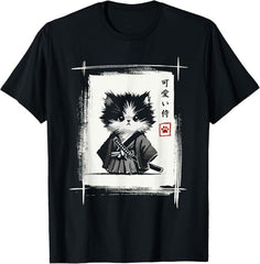 Samurai Cat Japanese Art Sumi-e Novelty Kawaii Funny Cat T-Shirt