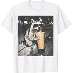 Raccoon Drinking Iced Coffee Funny Animal Meme Men Women T-Shirt