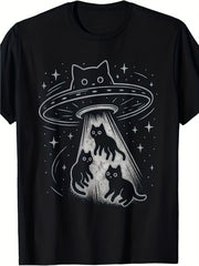 Funny Cat UFO Abduction Graphic T-Shirt Alien Space Cute Kitty Sci-Fi Tee Gift