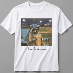I Live Here Now Raccoon T-Shirt Baseball Fan Funny Graphic Tee White Cotton