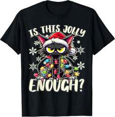 Is This Jolly Enough Funny Black Cat Christmas Tree Lights T-Shirt