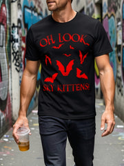 Oh Look Sky Kittens Spooky Red Bat Print T-Shirt, Funny Halloween Casual Crewneck Unisex Shirt For Fall Holiday Daily Party Wear