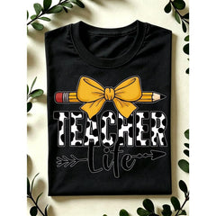Teacher Life Shirt, Teacher Pencil Coquette Bow T-Shirt, Kindergarten Teacher Tee, Teacher School Crew Short Sleeve Shirts, Back To School Gift