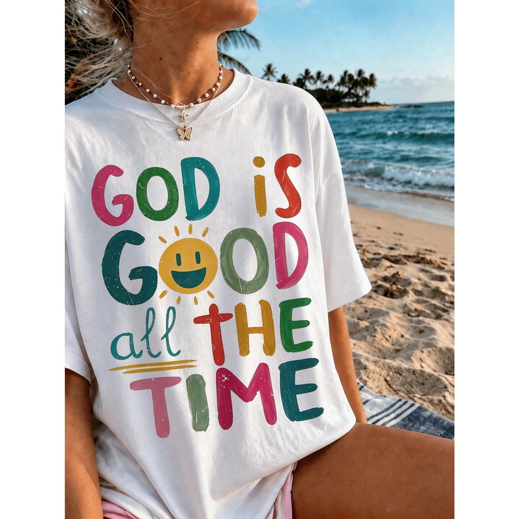 Casual Short Sleeve T-Shirt With 'God Is Good All The Time' Print Round Neck Tee Top