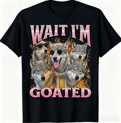 Men's Y2K Bootleg Style Graphic T‑Shirt, Wait I'm Goated Funny Wolf Animal Print, Crew Neck Short Sleeve Retro Distressed Casual Tee