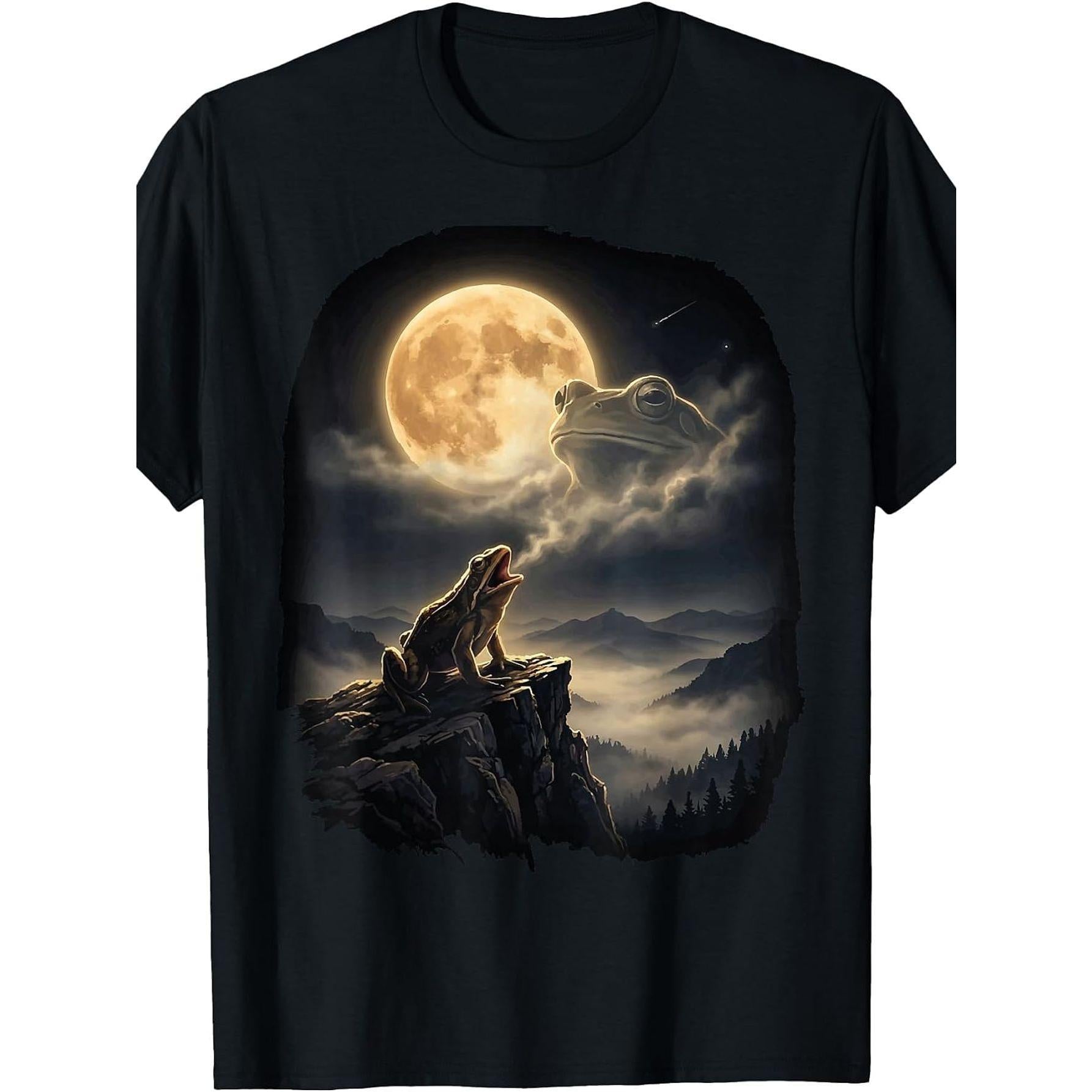 Frog Howling at The Moon Retro Wildlife Meme T-Shirt, Funny Crew Neck Tee with Stylish Print, Casual And Comfortable Travel Clothing for Fashion Enthusiasts