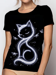 Elegant Cat Print T-Shirt - Stylish Black Crew Neck with Glowing White Cat & Butterflies Design