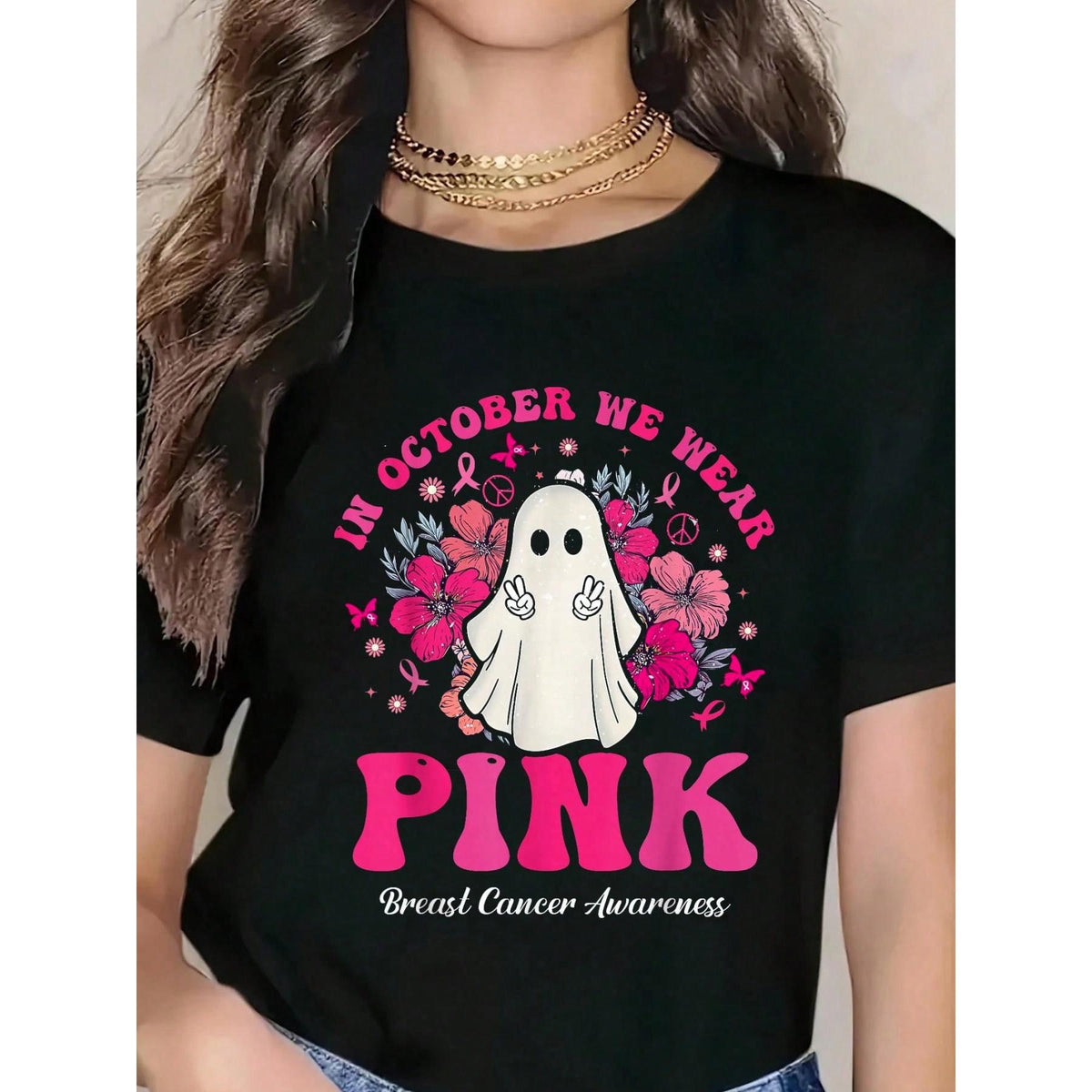 In October We Wear Pink Breast Cancer Ghost Halloween T-Shirt Graphic Tee 100% Cotton Soft And Comfortable Perfect For Daily Casual Wear