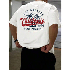 Men Los Angeles California Surfing Graphic T‑Shirt, Front Back Print West Coast Beach Paradise Casual Crew Neck Short Sleeve Tee For Summer Daily