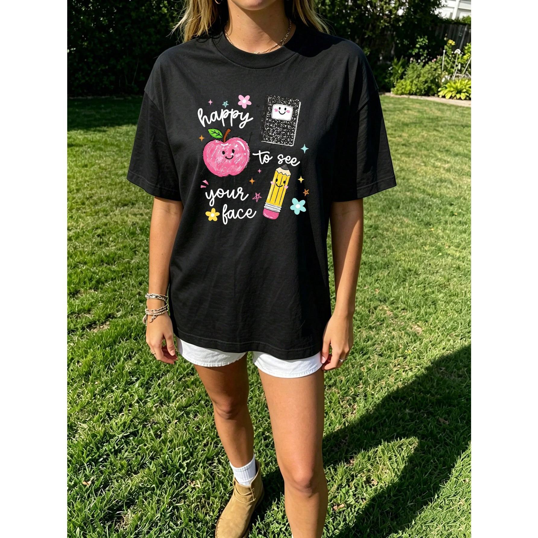 Happy To See Your Face Teacher T Shirt Women Cute Apple Pencil Graphic Tee Vintage Back To School Summer Top