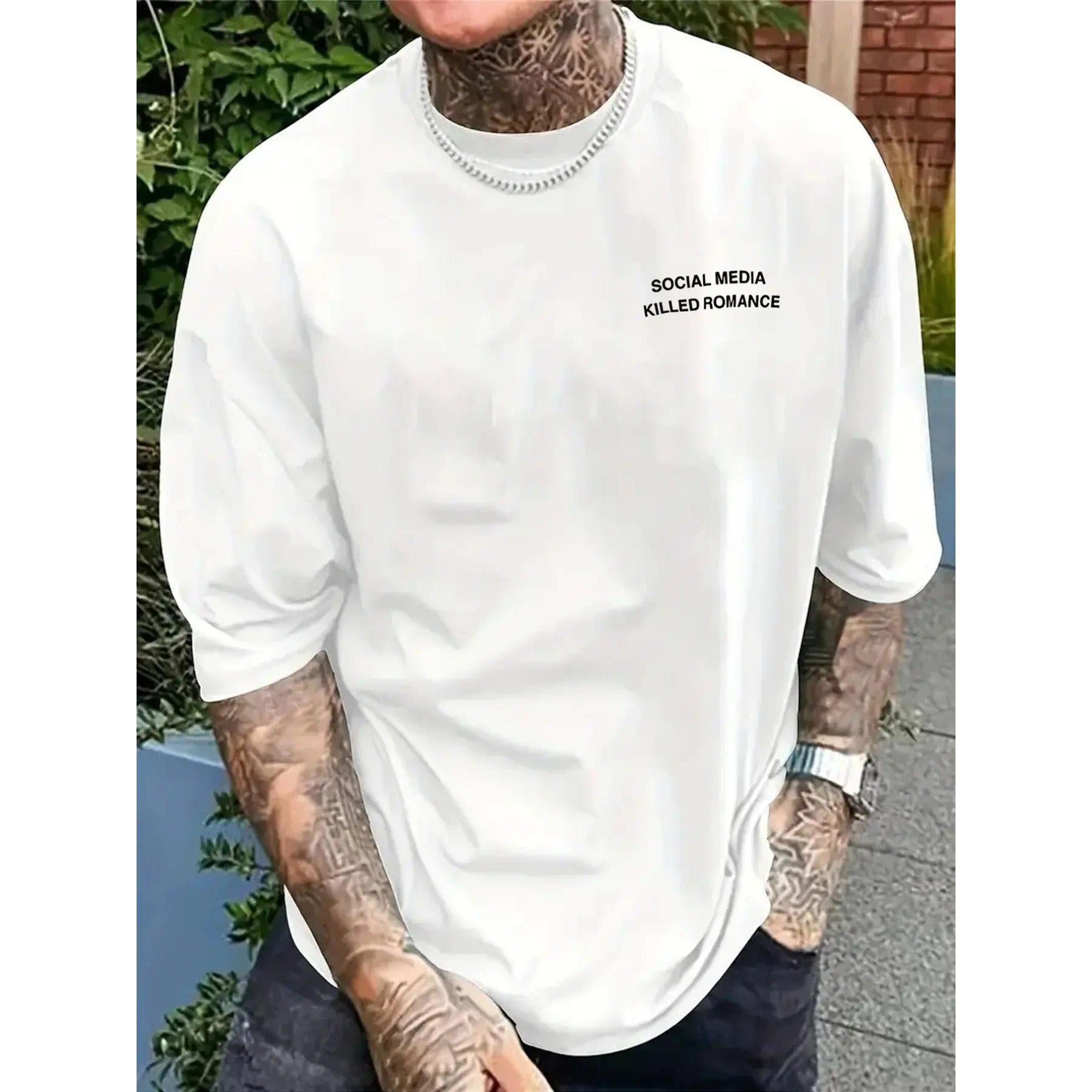 Men's black and white patterned T-shirt, 'Social Media Killed Romance', double-sided print men's fashion clothing