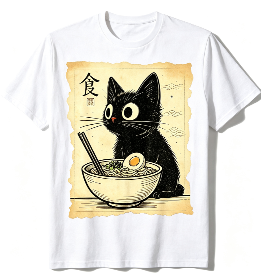 Funny Cat Ramen Graphic T-Shirt, Cute Black Cat Eating Noodles Print Short Sleeve Casual Tee, Japanese Inspired Shirt for Cat Lovers Men Women