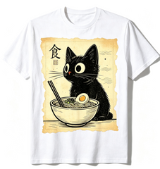 Funny Cat Ramen Graphic T-Shirt, Cute Black Cat Eating Noodles Print Short Sleeve Casual Tee, Japanese Inspired Shirt for Cat Lovers Men Women