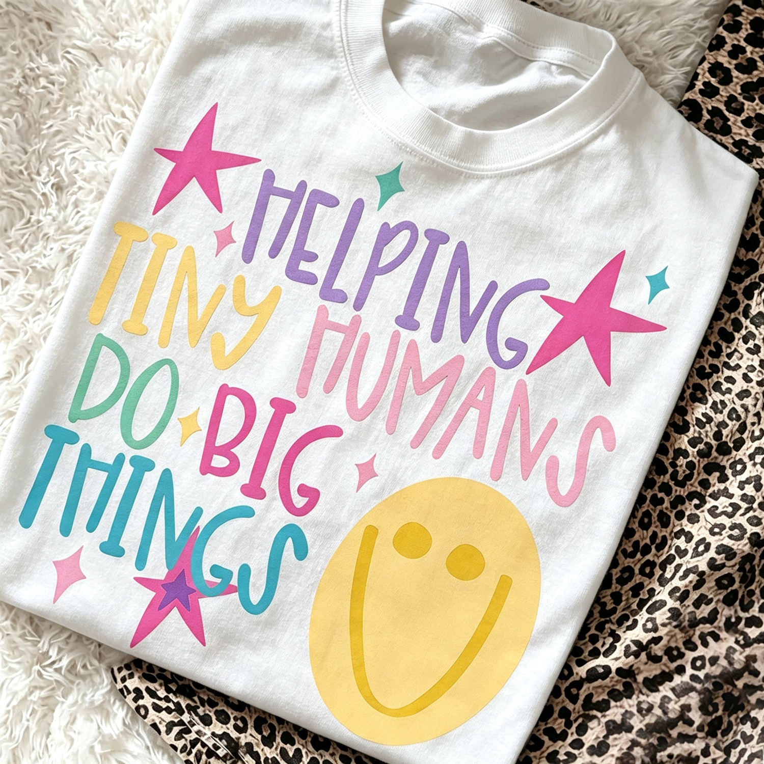 Helping Tiny Humans Do Big Things Graphic T‑Shirt for Women, Colorful Star Smile Face Casual Crewneck Tee, Daycare Teacher Gift Top