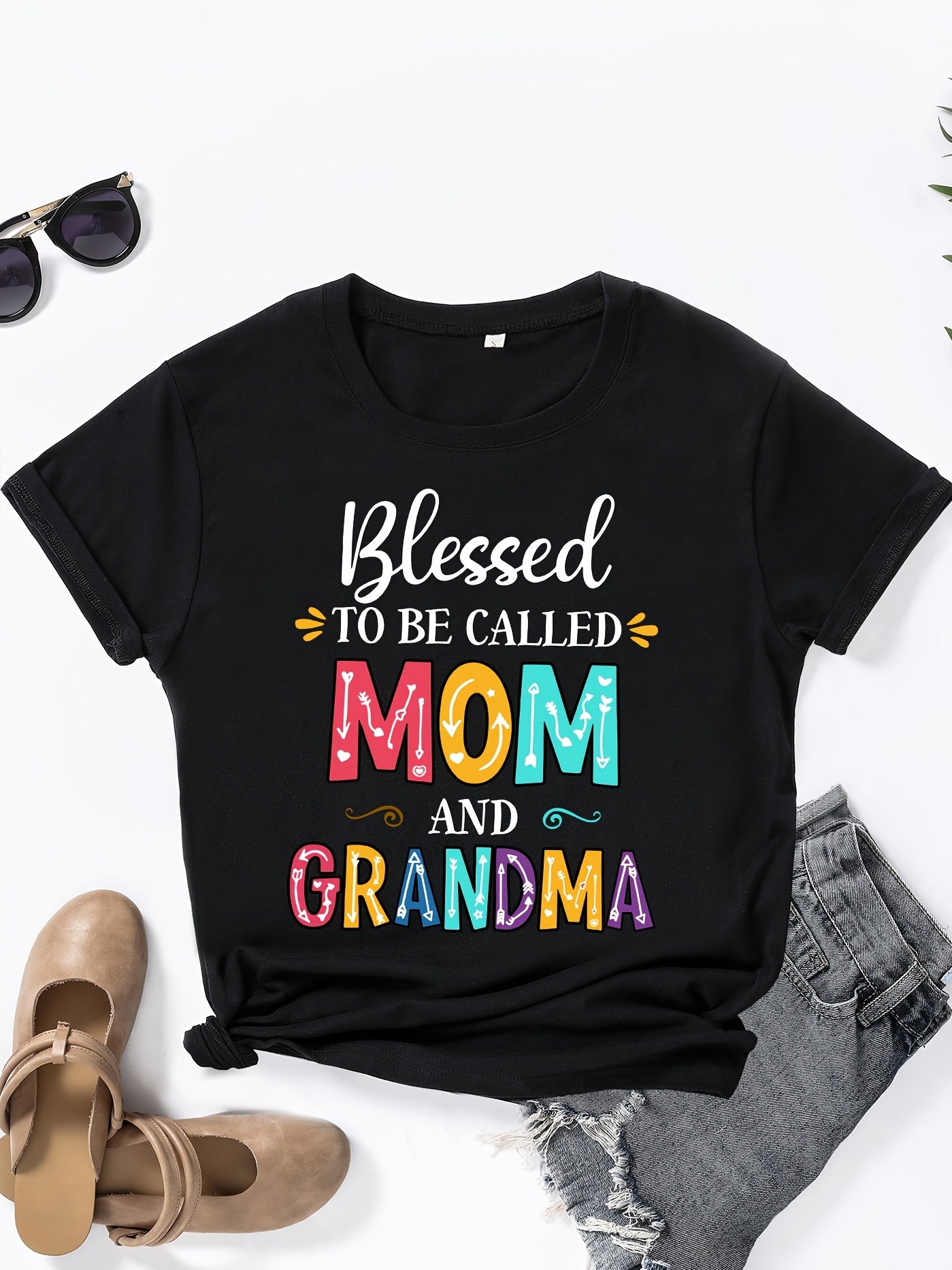 Summer Fashion Women'S Clothing Blessed to Be Called Mom And Grandma Letter Print Loose T-Shirt Women'S Casual Short Sleeve Top