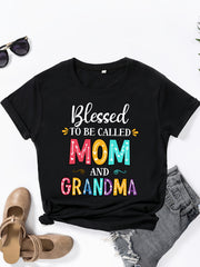 Summer Fashion Women'S Clothing Blessed to Be Called Mom And Grandma Letter Print Loose T-Shirt Women'S Casual Short Sleeve Top