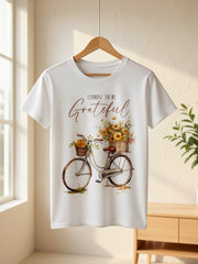 grateful flowers bike beautiful life graphic print t-shirt, short sleeve crew neck casual top for Women's 100%Cotton，soft and comfortable