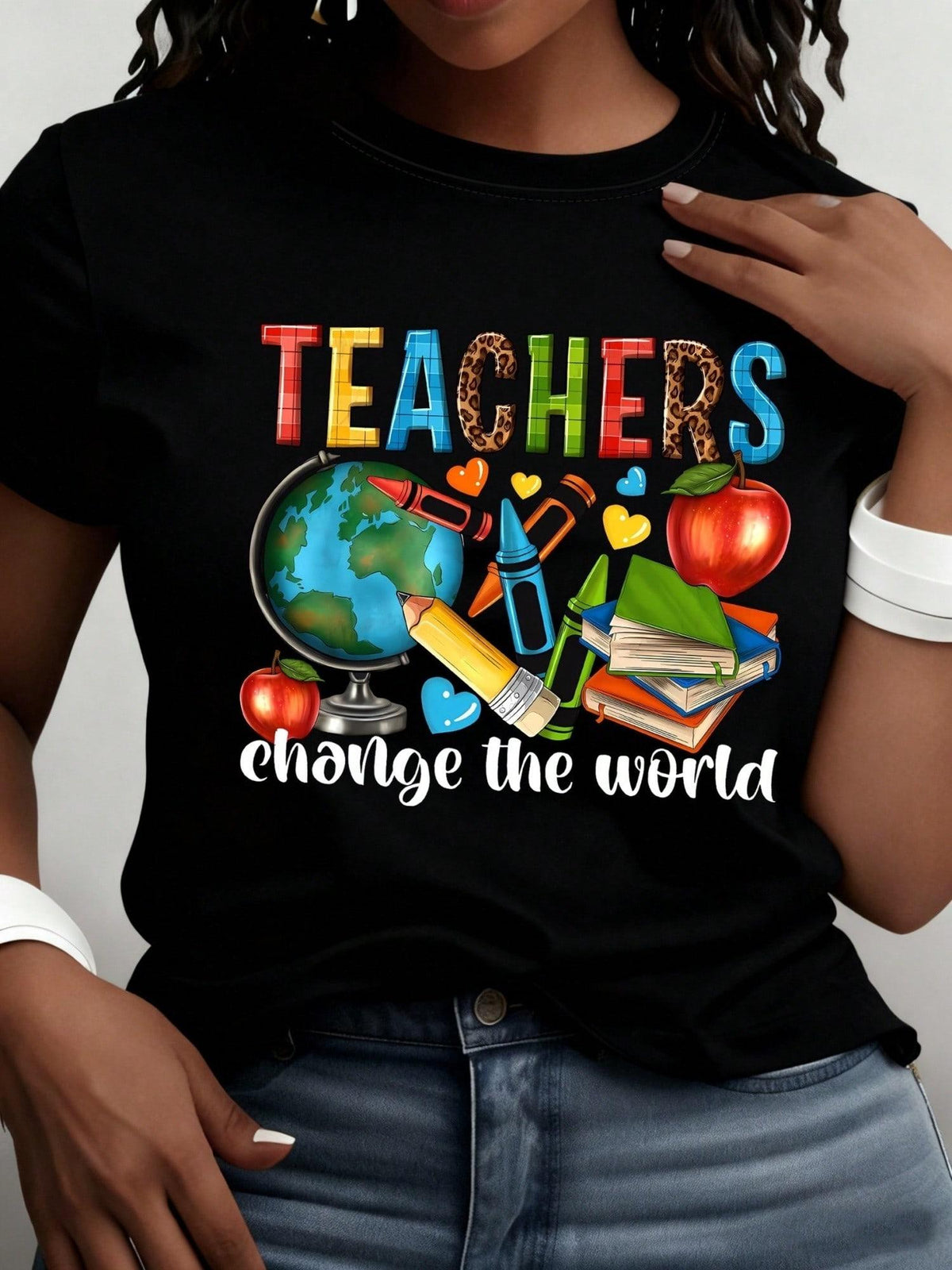 Teacher Print Crew Neck T-Shirt Casual Short Sleeve T-Shirt For Spring Summer Women Clothing