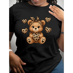 Leopard Print Little Bear Cute Animal Graphic Tee Kawaii Cub Teddy Summer Casual Streetwear Top Unisex Soft Cotton Relaxed Fit Gift for Him Her Birthday