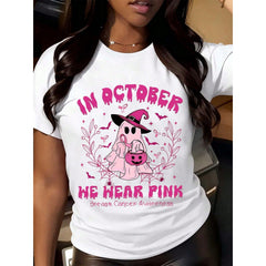 Halloween Women's T-Shirt Breast Cancer Awareness Shirt In October We Hear Pink Ghost Witch Hat Pumpkin Bucket Print Casual Daily Wear Top