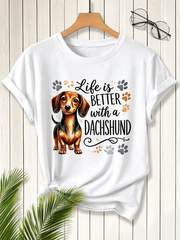 Life Is Better With A Dachshund Graphic T-Shirt, Cute Wiener Dog Paw Print Casual Short Sleeve Top For Dog Owners Pet Lovers Unisex Daily Shirt