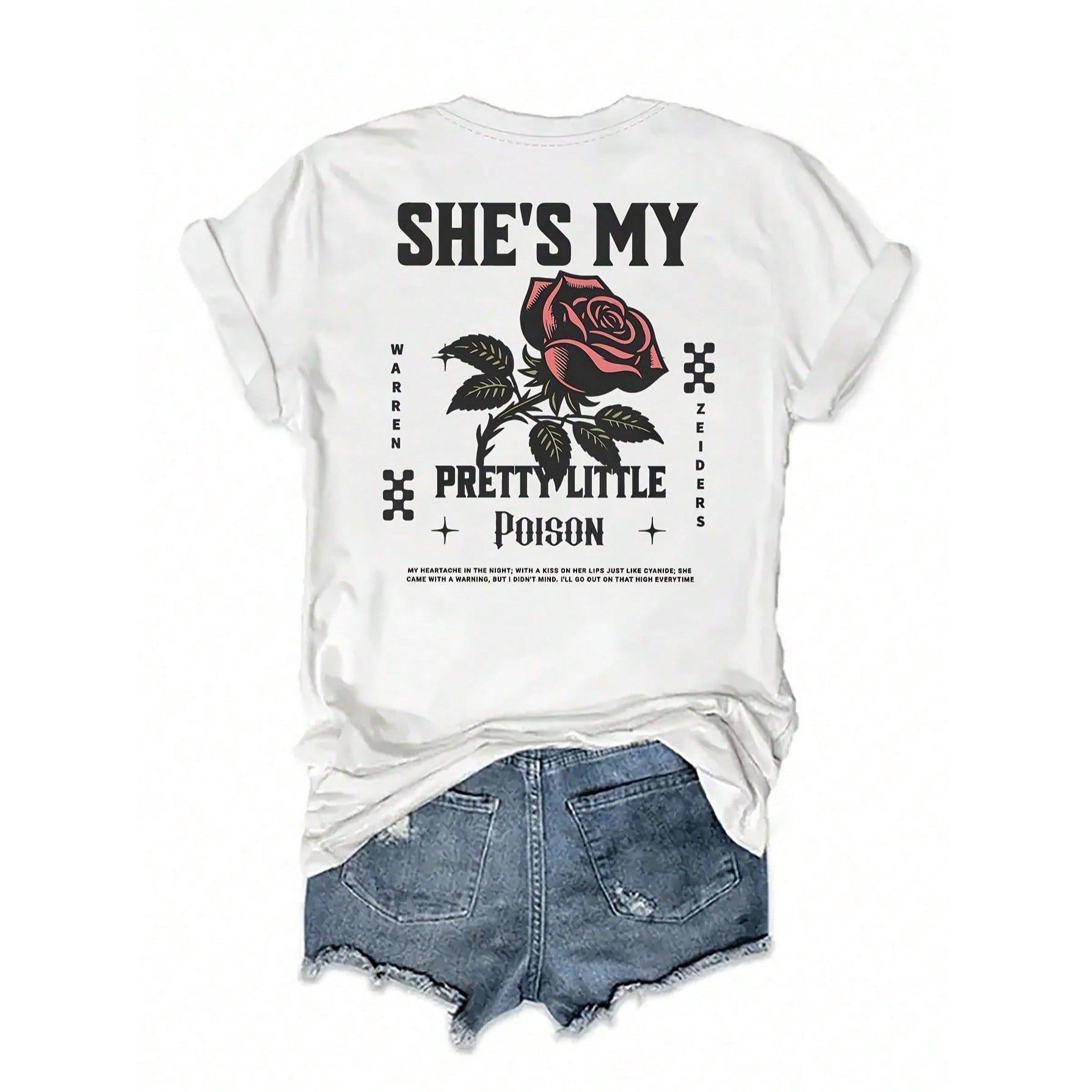Women's Bohemian Rose Print T-Shirt - Short Sleeve Round Neck Top With Front & Back Rose Letter