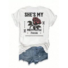 Women's Bohemian Rose Print T-Shirt - Short Sleeve Round Neck Top With Front & Back Rose Letter