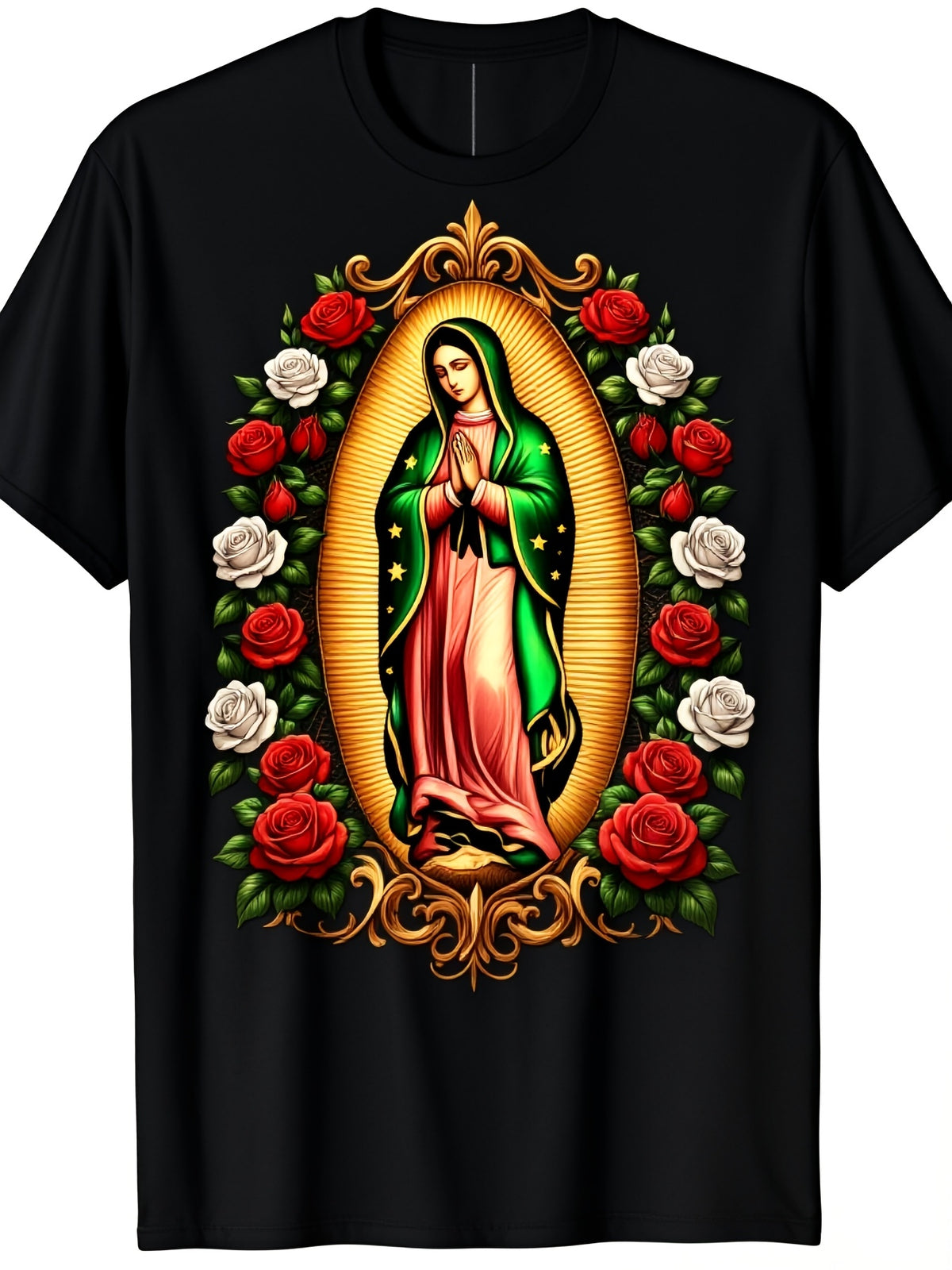 Men's & Women's Our Lady of Guadalupe Graphic T-Shirt, Catholic Christian Faith Religious Tee, Vintage Floral Virgin Mary Print, Soft Crew Neck Short Sleeve Casual Shirt, Inspirational Gift
