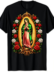 Men's & Women's Our Lady of Guadalupe Graphic T-Shirt, Catholic Christian Faith Religious Tee, Vintage Floral Virgin Mary Print, Soft Crew Neck Short Sleeve Casual Shirt, Inspirational Gift