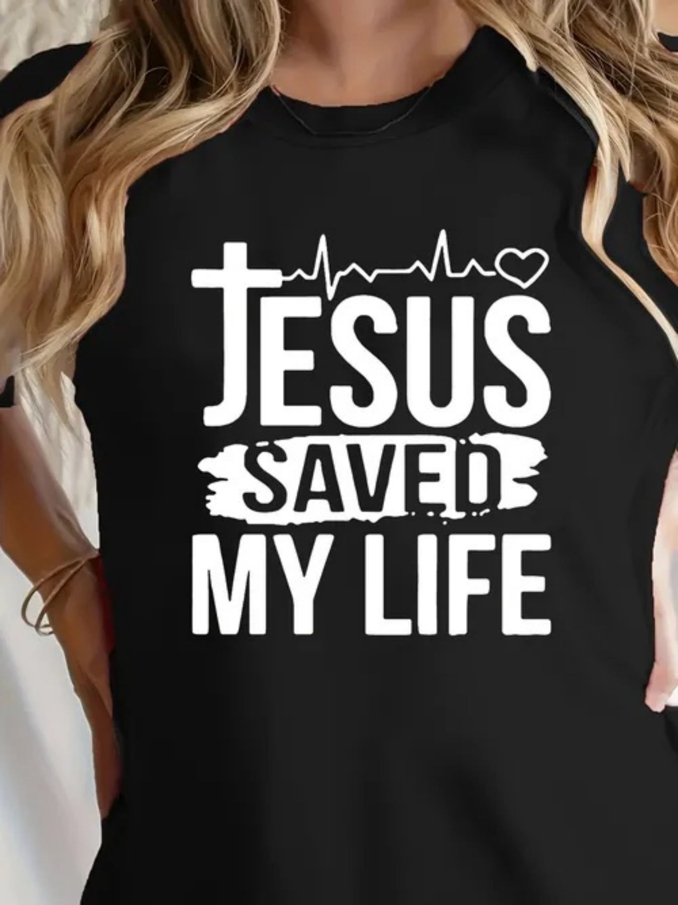 Women's Christian Graphic T-Shirt Jesus Saved My Life Faith Cross Heartbeat Print Inspirational Religious Crew Neck Short Sleeve Casual Summer Tee Gift for Christian Women