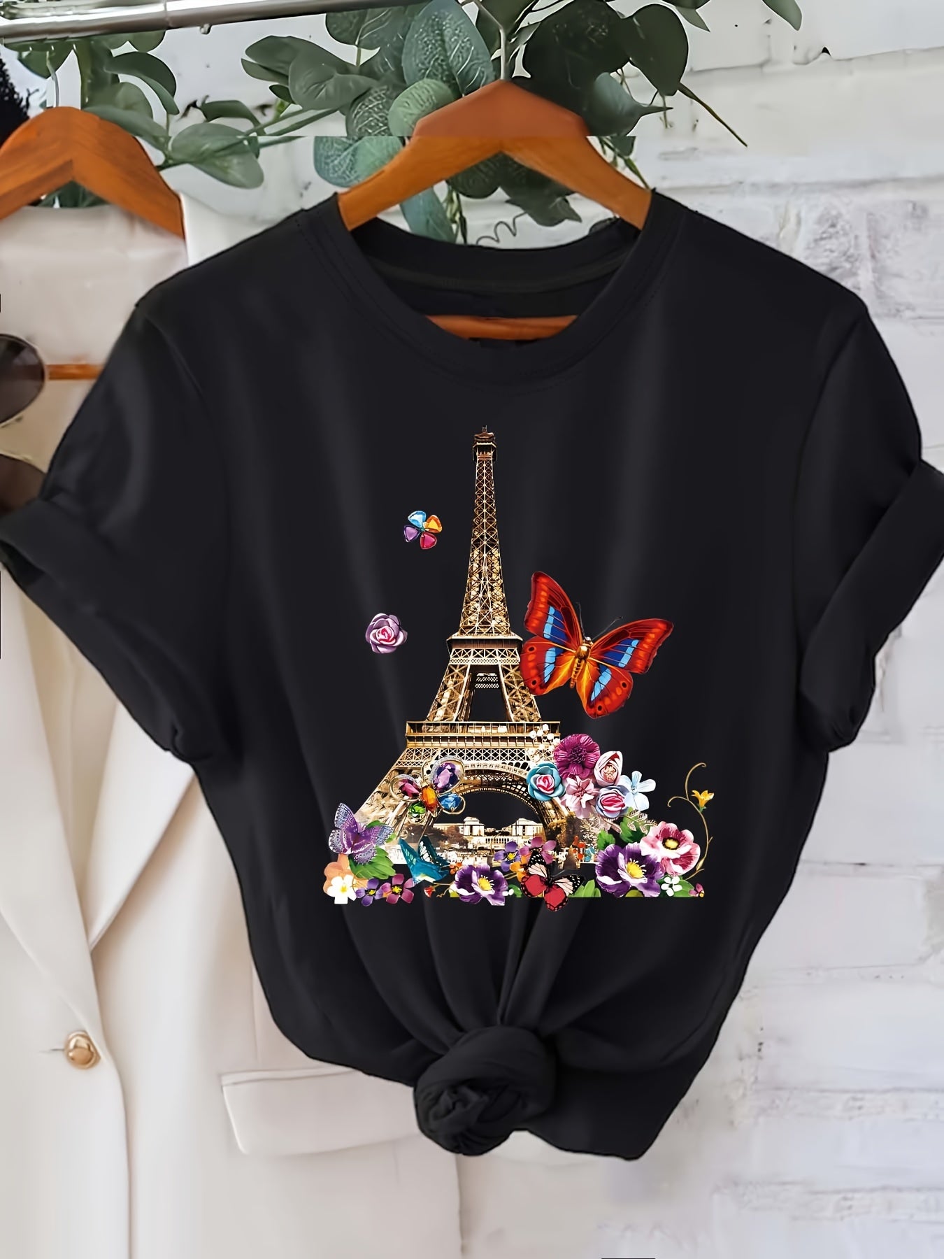Summer Women's Casual Short Sleeve T-Shirt with Eiffel Tower and Butterfly Graphic，Pullover，Regular Length, Everyday Fashion|Paris Theme Cotton Shirts
