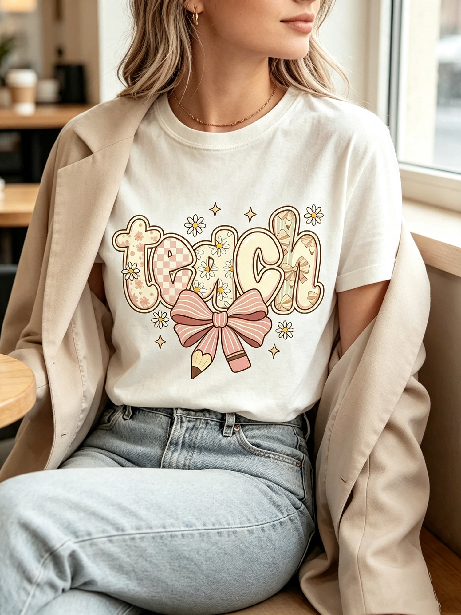 Retro Teach Graphic T‑Shirts for Women, Cute Bow Pencil Daisy Crewneck Tee, Casual Short Sleeve Teacher Appreciation Gift Top