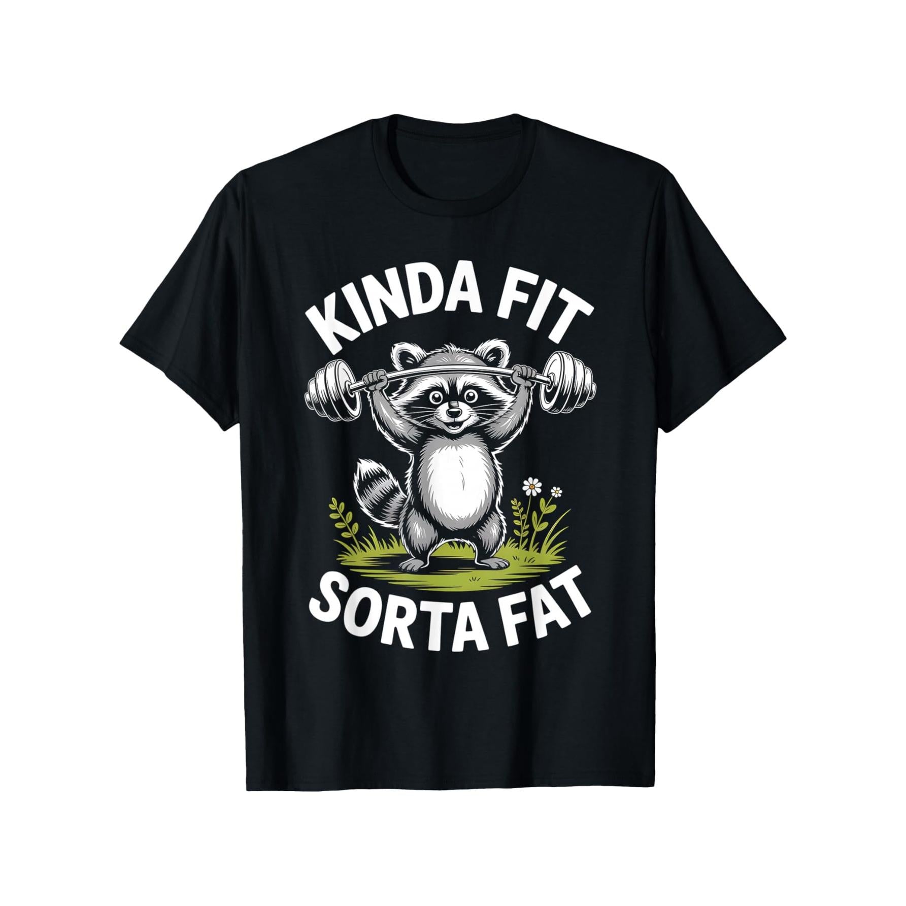 Humorous Tee - Amusing Somewhat Fit, Slightly Overweight Raccoon Graphic Top - Round Muscle Raccoon Lifting Design