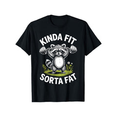 Humorous Tee - Amusing Somewhat Fit, Slightly Overweight Raccoon Graphic Top - Round Muscle Raccoon Lifting Design