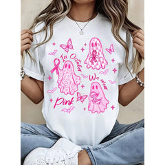 Women Breast Cancer Awareness Pink Ghost Butterfly In October We Wear Pink T Shirt Casual Halloween Graphic Tee Support Gift