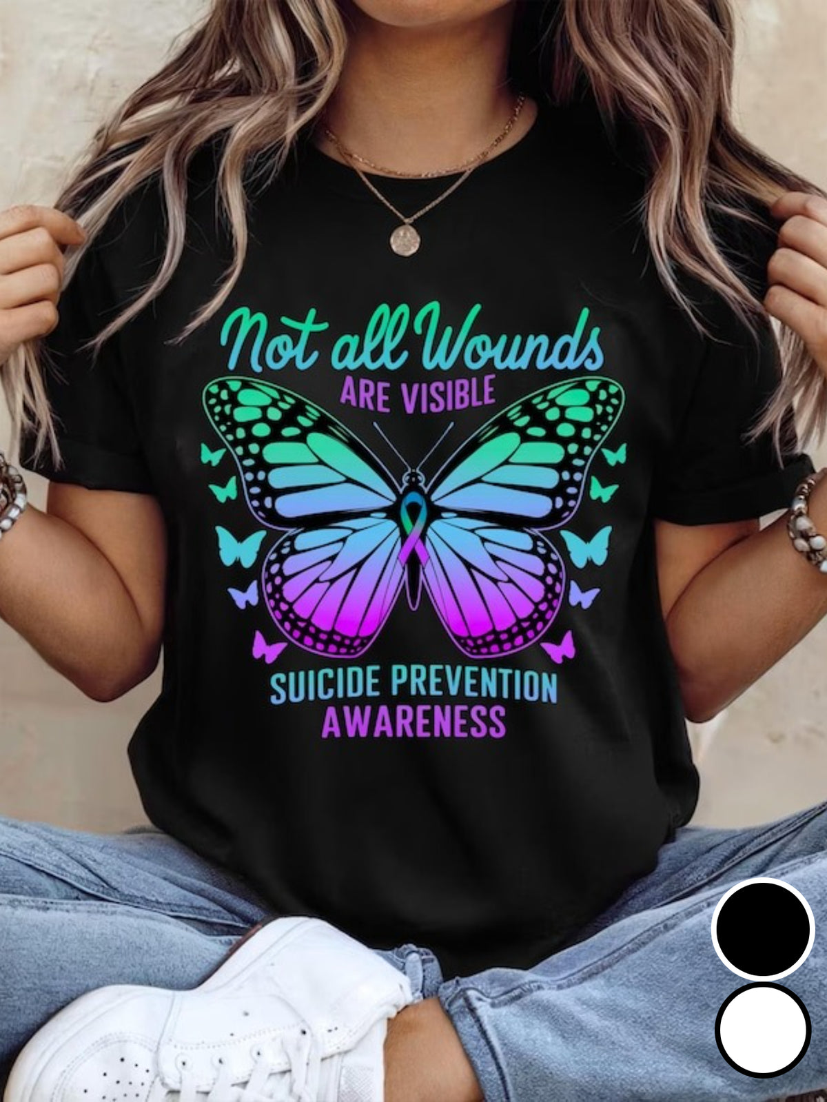 Not All Wounds Are Visible Suicide Prevention Awareness Butterfly Graphic Tee for Men Women, Mental Health Support Short Sleeve T-Shirt, Casual Crew Neck Top for Advocate Gift