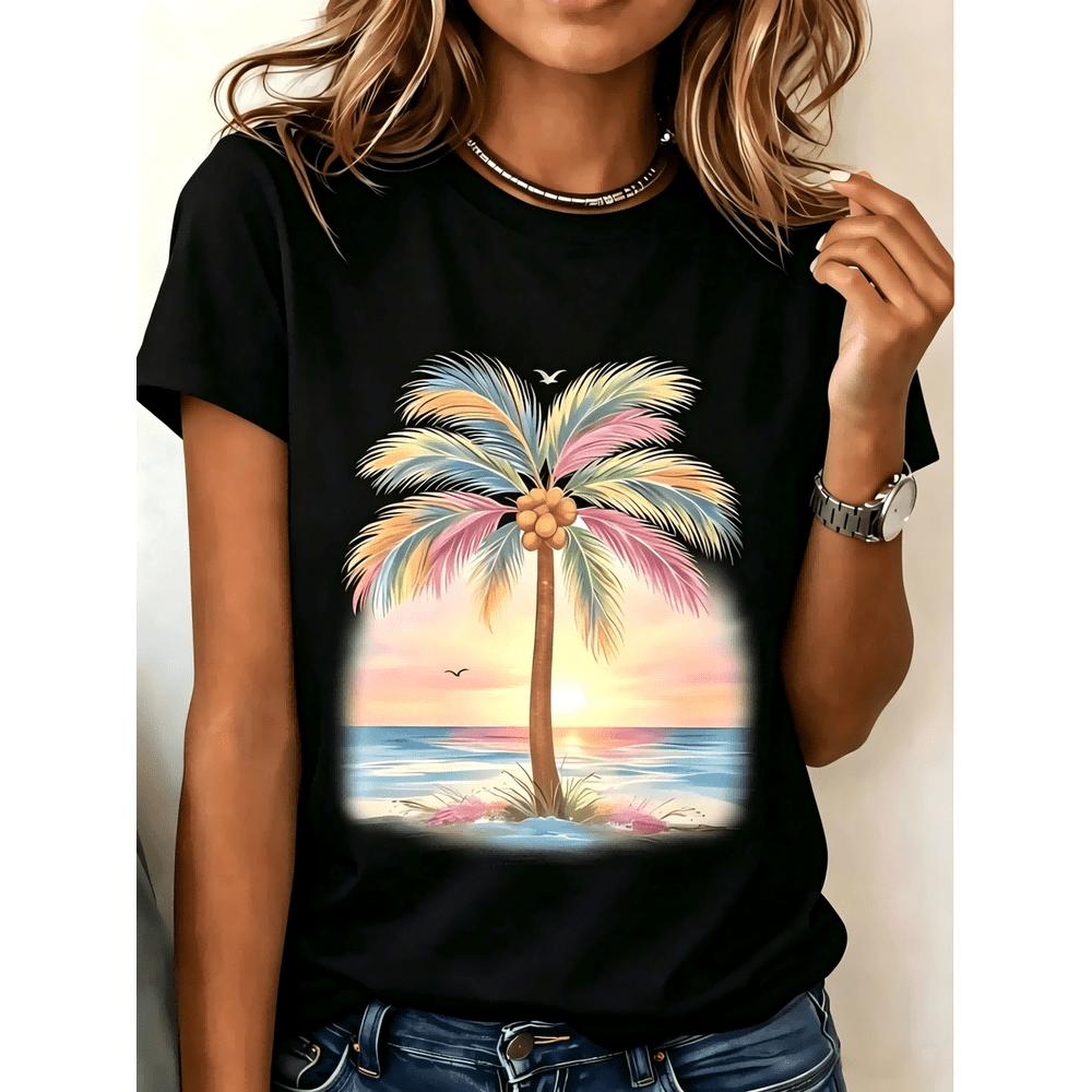 Women's Casual Round Neck Short Sleeve T-Shirt With Tropical Palm Tree Sunset Print Perfect For Summer Beach Outfits