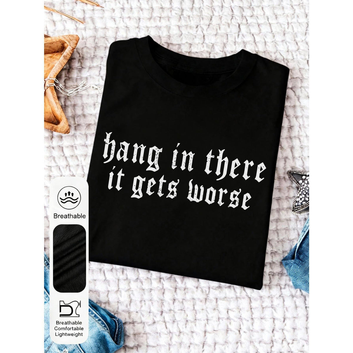 Women's Summer "Hold On, It Gets Worse" Graphic Print Crew Neck Short Sleeve Casual Everyday Black Plus Size T-Shirt, Black Humor Gothic Print Graphic Women's Top, Letter Print Graphic Summer Top