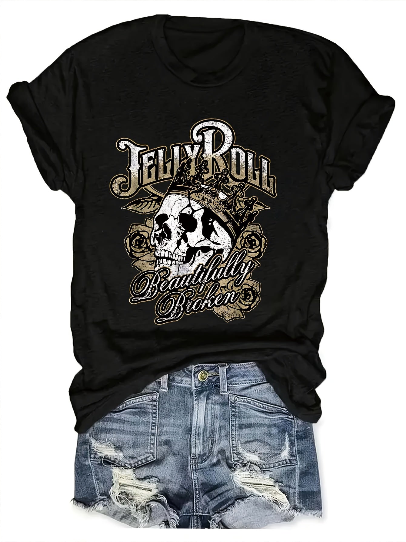 Vintage Skull Print Round Neck T-Shirt for Spring And Summer Retro Casual Short Sleeve Women'S Clothing