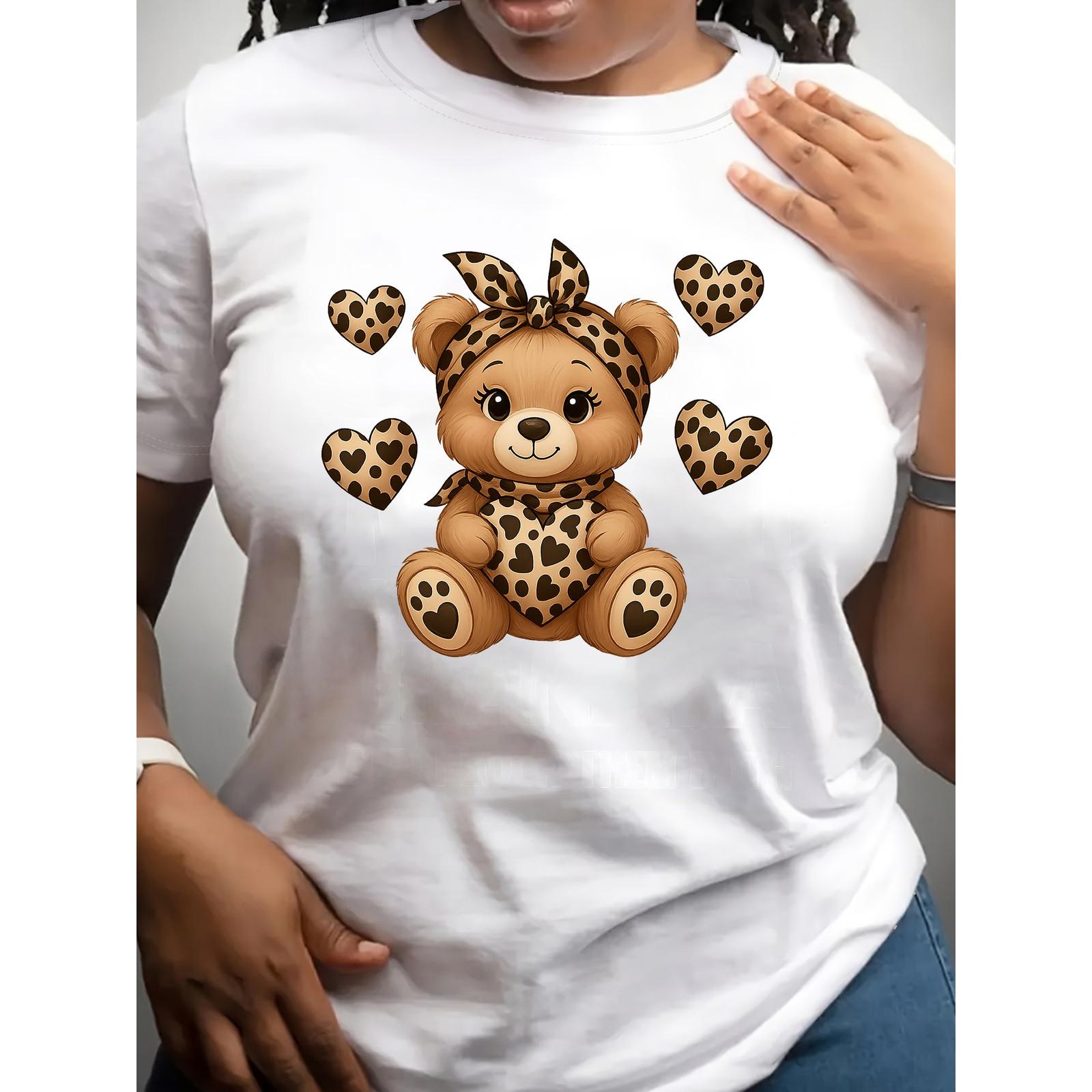 Leopard Print Little Bear Cute Animal Graphic Tee Kawaii Cub Teddy Summer Casual Streetwear Top Unisex Soft Cotton Relaxed Fit Gift for Him Her Birthday