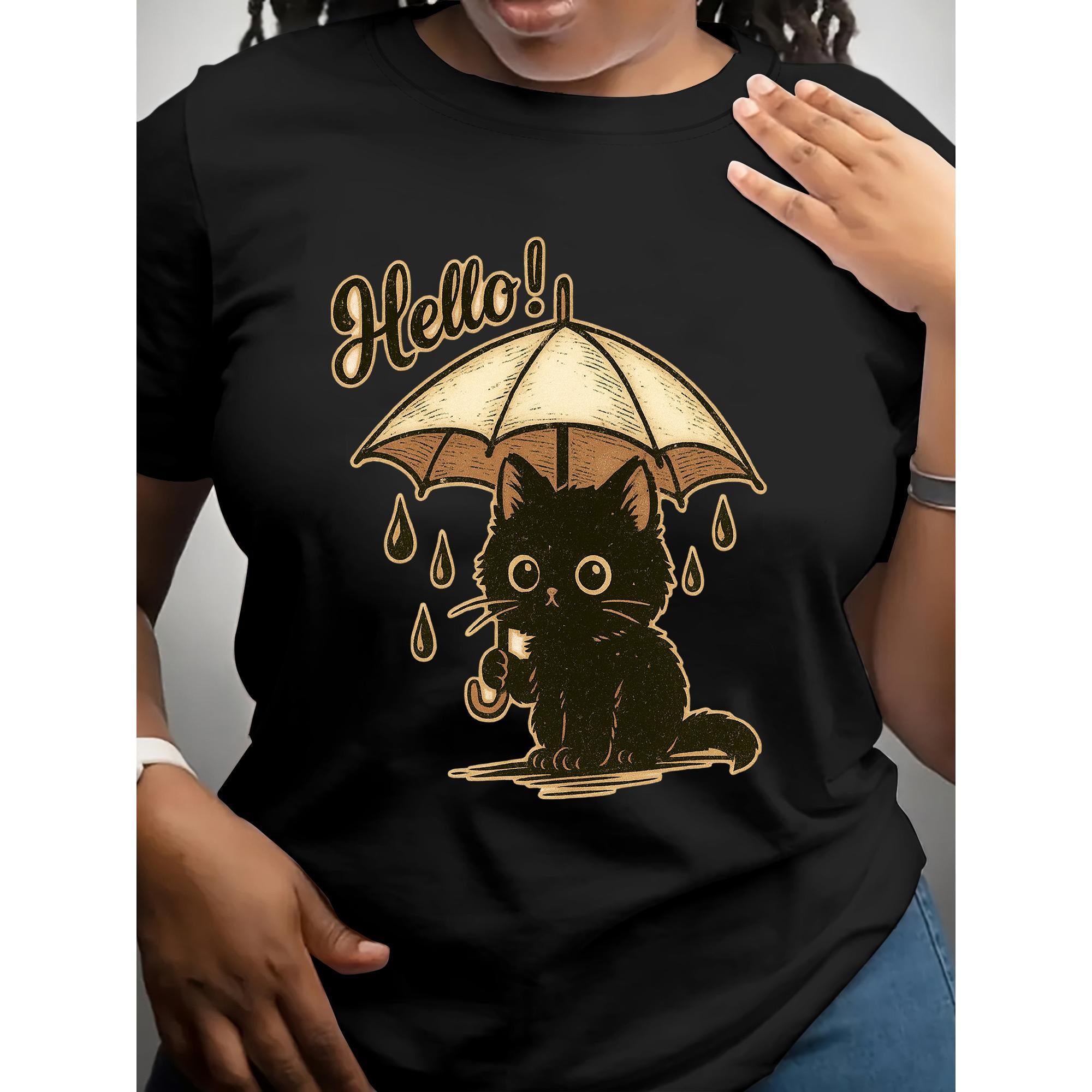 Black Cartoon Cat Printed T-shirt with Umbrella | Women'S Casual Short Sleeved, Fashionable Style, Crew Neck Top, Regular Fit