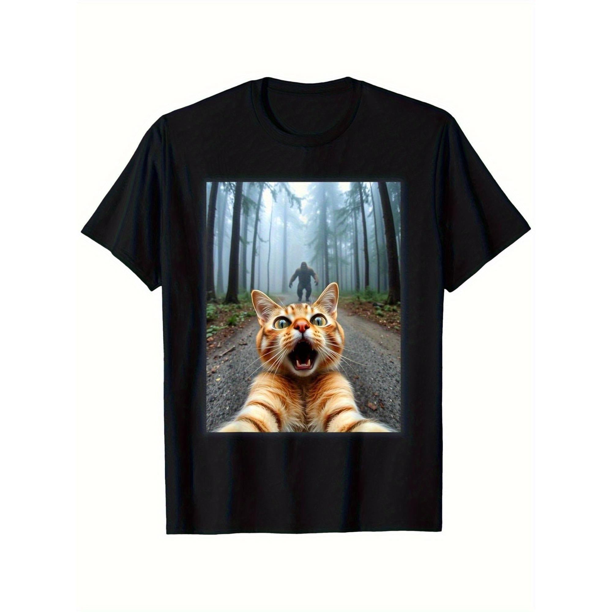 Men'S Funny Cat Selfie & Sasquatch Graphic Tee, Crew Neck, Short Sleeve, Regular Fit, Weekend Casual Wear, Summer All-season Casual Wear
