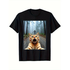 Men'S Funny Cat Selfie & Sasquatch Graphic Tee, Crew Neck, Short Sleeve, Regular Fit, Weekend Casual Wear, Summer All-season Casual Wear